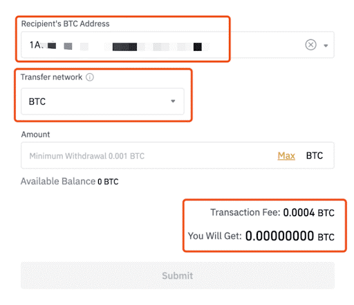 Vložení BTC adresy